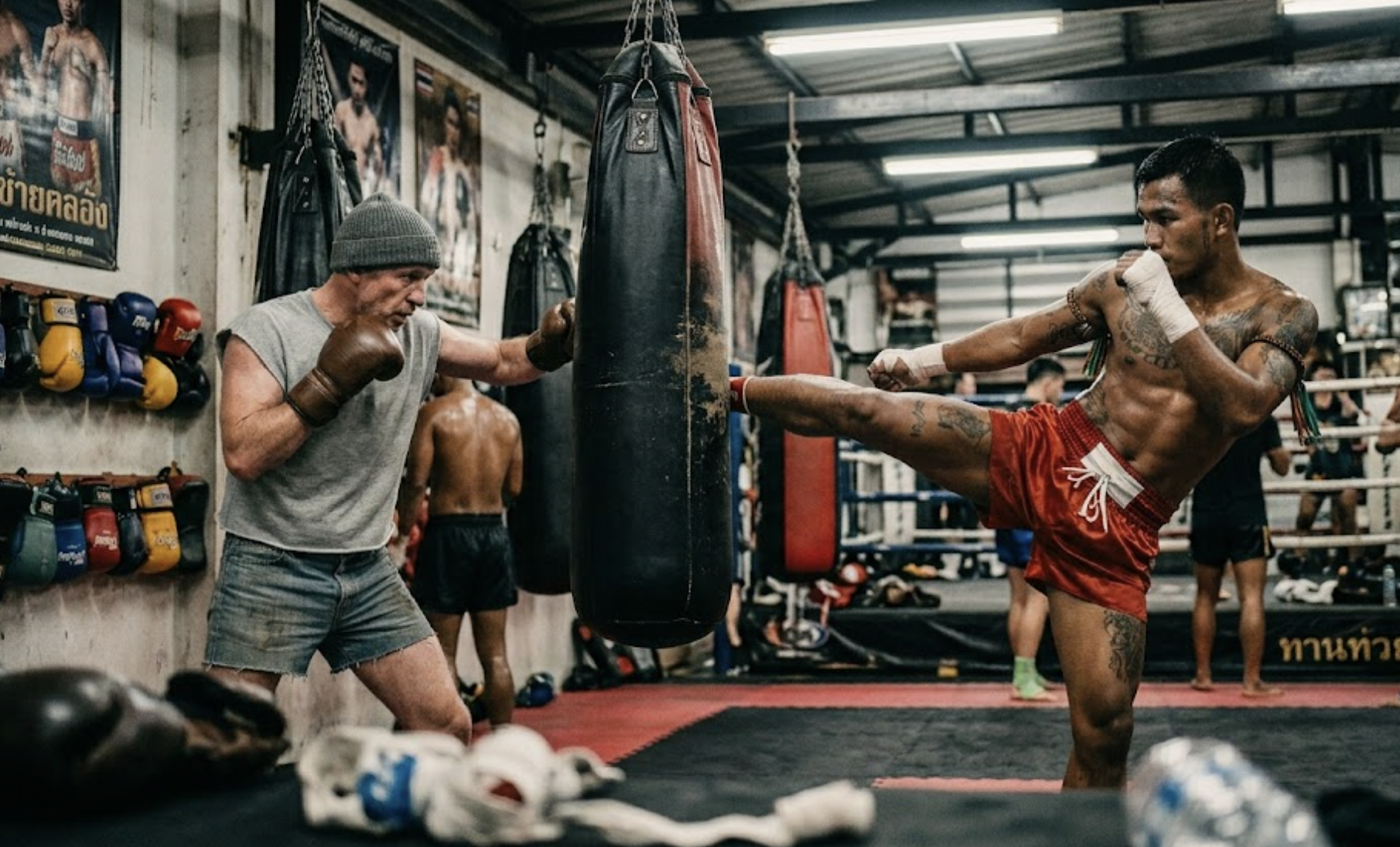 Boxing training — hand combinations and footwork drills in the gym