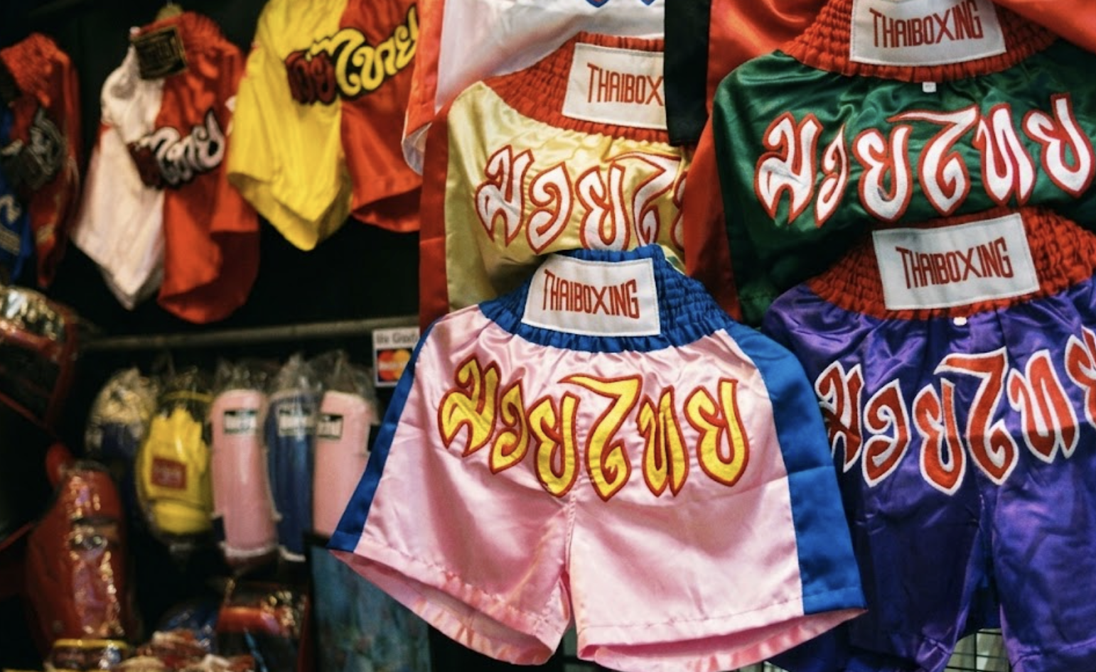 Muay Thai shorts on display at Chatuchak market, Bangkok