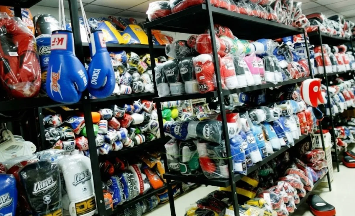 Muay Thai gloves at a Bangkok equipment shop