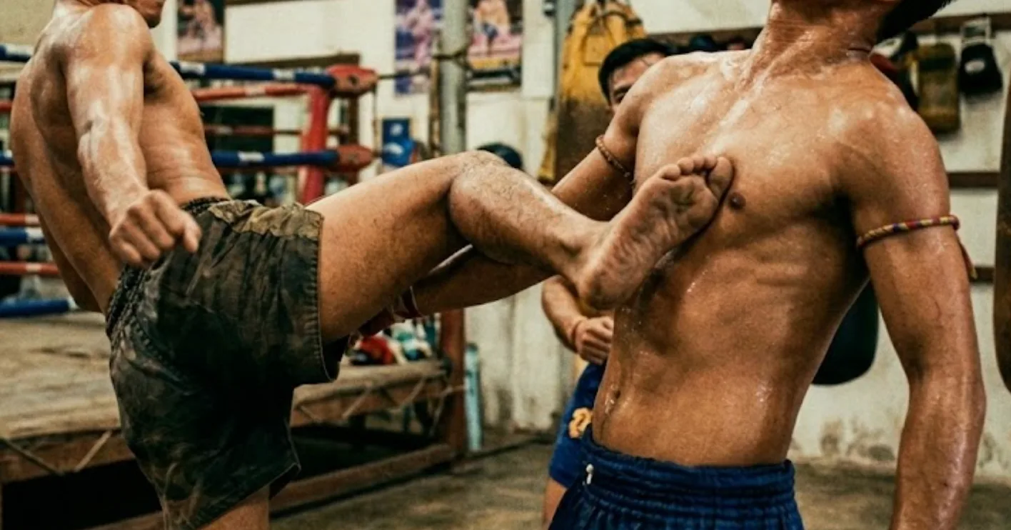 Muay Thai fighter throwing a roundhouse kick in training