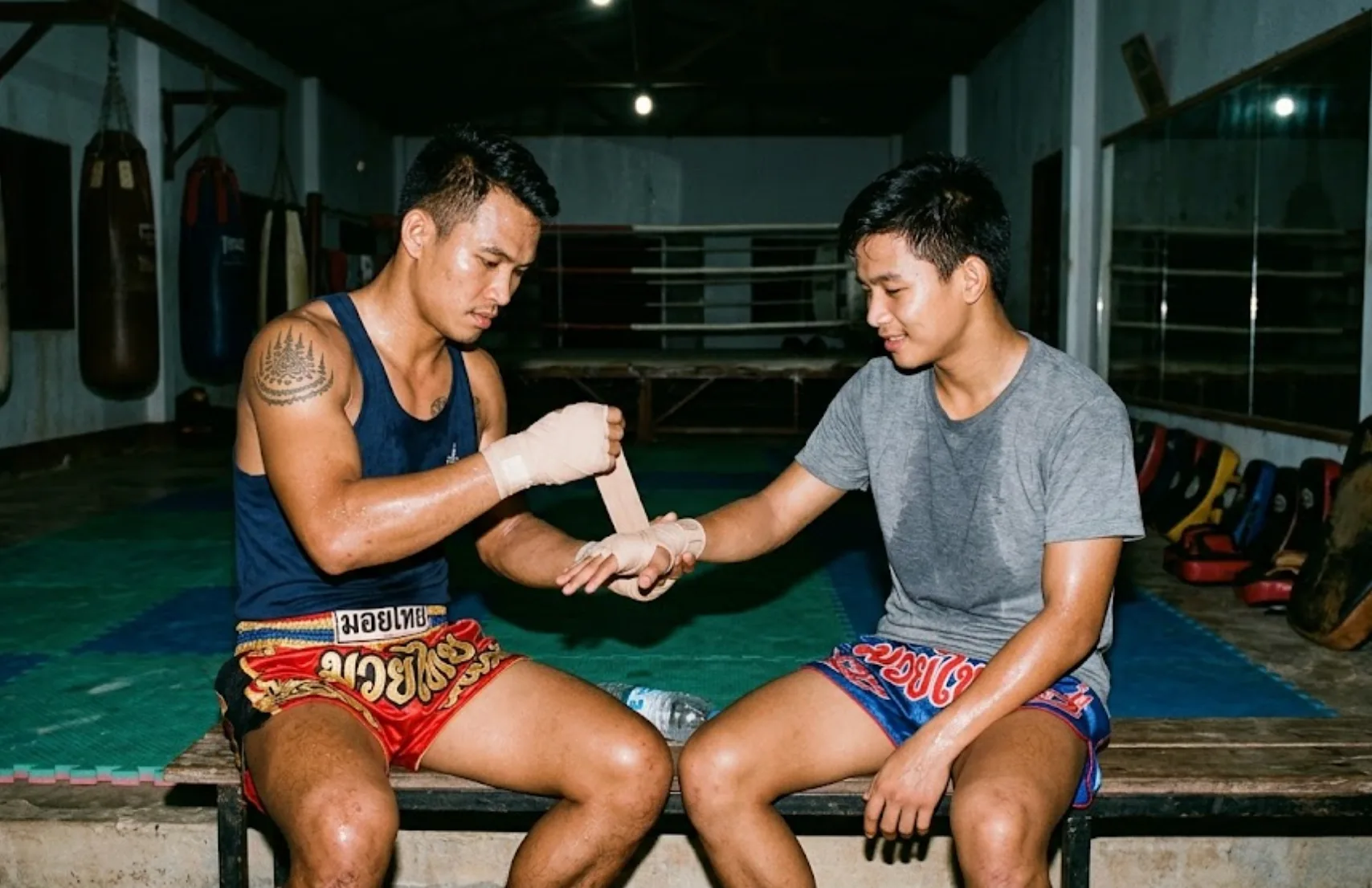 Hand wrapping before Muay Thai training, preparation as part of the ritual of showing up