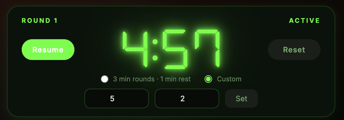 Boxing timer showing Round 1 active