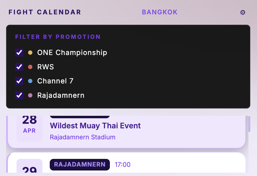 Fight Calendar with promotion filter
